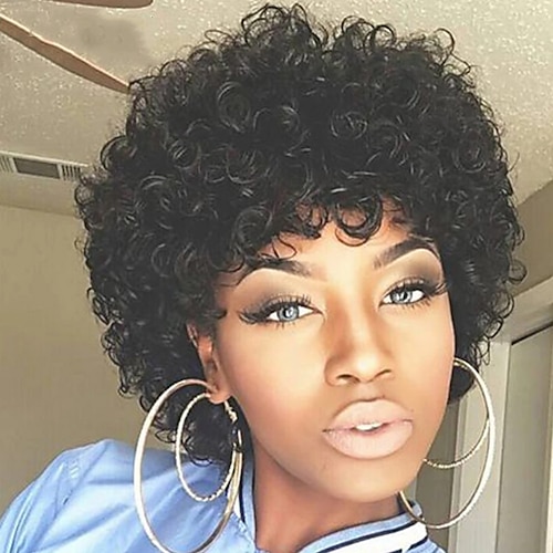 

Remy Human Hair Wig Short Curly Pixie Cut Natural Black Adjustable Natural Hairline For Black Women Machine Made Capless Chinese Hair All Natural Black #1B 8 inch Daily Wear Party & Evening