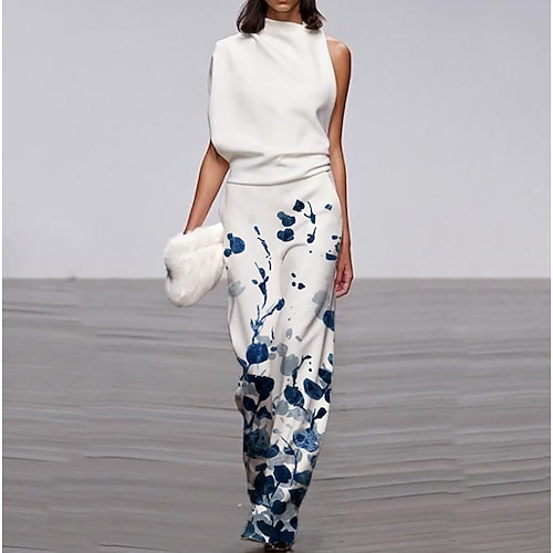 

Women's Jumpsuit Print Floral Round Neck Elegant Daily Holiday Straight Regular Fit Sleeveless White S M L Spring