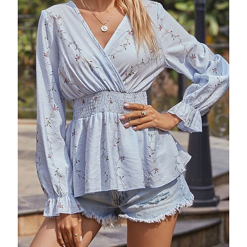 

Women's Blouse Flower Daily Blouse Shirt Long Sleeve Patchwork V Neck Streetwear Blue S