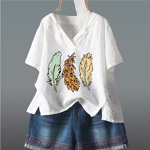 

Women's Plus Size Tops Blouse Shirt Leaf Print Short Sleeve V Neck Streetwear Daily Going out Cotton Spring Summer White Blue