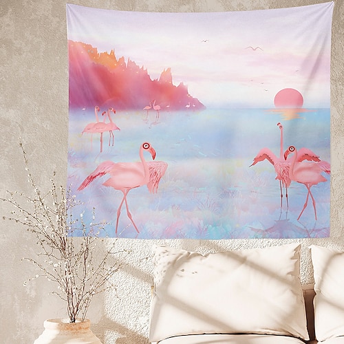 

Flamingo seaside sunset watercolor print tapestry 1 piece