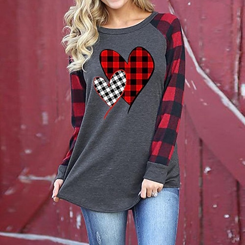 

Women's Top Valentine's Day Black And White Red Plaid Love Long-Sleeved T-Shirt