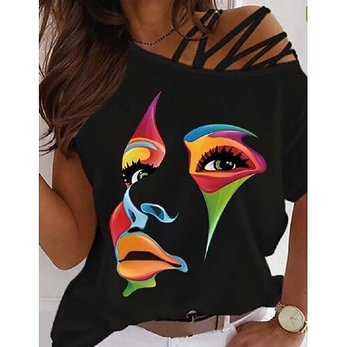 

Women's T shirt Tee Daily Holiday Going out T shirt Tee Half Sleeve Patchwork One Shoulder White Black Purple S / 3D Print / Off Shoulder
