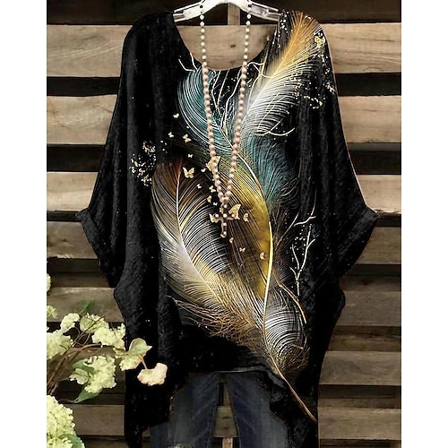 

Women's Shirt Blouse Black Wine Dark Blue Feathers Print 3/4 Length Sleeve Daily Weekend Vintage Holiday Casual Crew Neck Oversized Plus Size Dolman Sleeve Summer Spring Fall