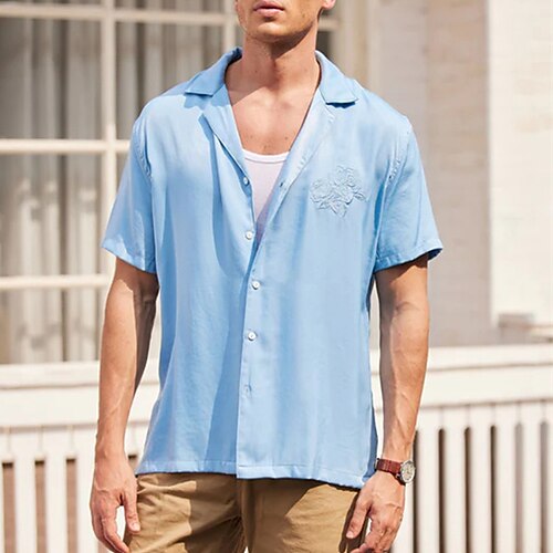 

Men's Shirt Solid Color Turndown Street Daily Button-Down Short Sleeve Tops Casual Fashion Comfortable Light Blue