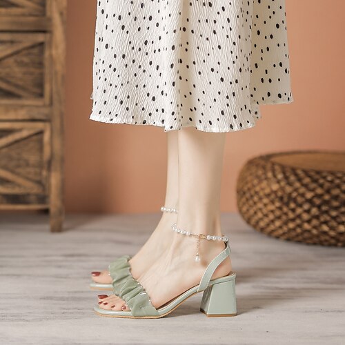 

Women's Sandals Puffy Sandals Buckle Chunky Heel Square Toe Elegant Sweet Daily Office Microfiber Buckle Summer Almond Green
