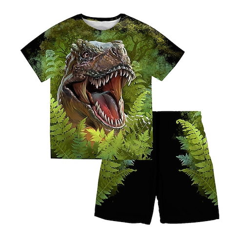 

2 Dele Børn Drenge T-shirt & Shorts Tøjsæt Outfit Dyr Dinosaurus Kortærmet Crewneck Sæt udendørs Sport Mode Sej Forår Sommer 3-13 år Grøn