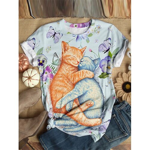 

Women's Plus Size Tops T shirt Tee Floral Cat Print Short Sleeve Round Neck Streetwear Daily Vacation Polyester Spring Summer Light Blue Green