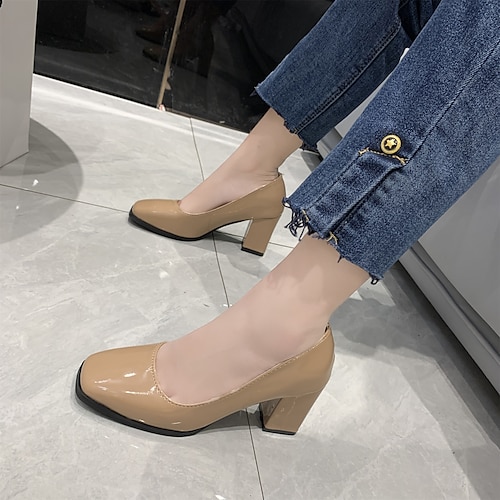

Women's Heels Pumps Square Toe Work PU Leather Loafer Summer Solid Colored Black Rosy Pink Burgundy
