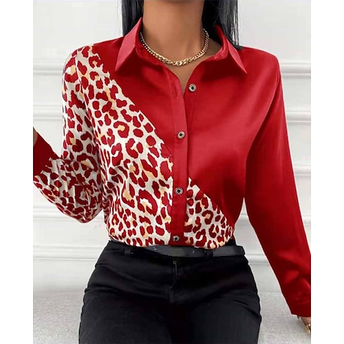 

Women's Blouse Shirt Green Blue Fuchsia Leopard Button Print Long Sleeve Work Streetwear Casual Shirt Collar Regular S