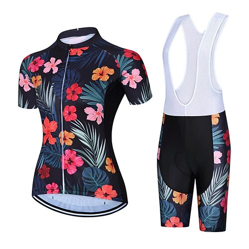 

21Grams Women's Cycling Jersey with Bib Shorts Short Sleeve Mountain Bike MTB Road Bike Cycling Black Floral Botanical Bike Clothing Suit 3D Pad Breathable Quick Dry Moisture Wicking Back Pocket