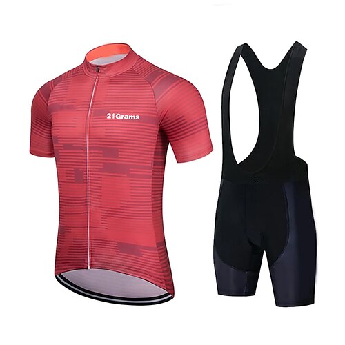 

21Grams Men's Cycling Jersey with Bib Shorts Short Sleeve Mountain Bike MTB Road Bike Cycling Green Blue Red Stripes Bike Clothing Suit 3D Pad Breathable Quick Dry Moisture Wicking Back Pocket