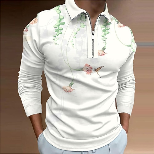 

Men's Collar Polo Shirt Golf Shirt Floral Turndown White 3D Print Outdoor Street Long Sleeve Zipper Print Clothing Apparel Fashion Designer Casual Breathable / Summer / Spring / Summer