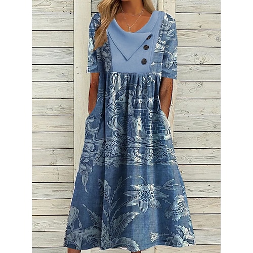 

Women's A Line Dress Midi Dress Navy Blue Short Sleeve Print Print Spring Summer V Neck Casual 2022 S M L XL XXL 3XL