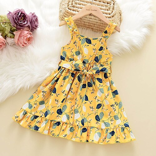 

Kids Toddler Little Girls' Dress Flower Leaves Strap Dress Holiday Vacation Ruffle Yellow Knee-length Sleeveless Vacation Sweet Dresses Summer Regular Fit 1pcs 3-8 Years