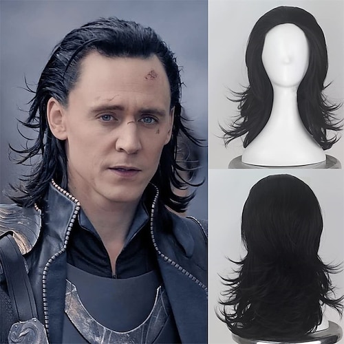 

The Movie Avengers Infinity War of Loki Cosplay Wigs for Men Shoulder Length Short Black Synthetic Wavy Wig Heat Resistant Hair for Boy Use