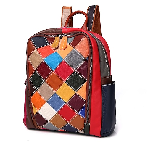 

Women's Mini Backpack Cowhide Geometric Pattern Lattice Durable Zipper Daily Traveling Rainbow