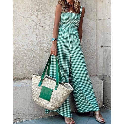 

Women's Jumpsuit Print Cold Shoulder Casual Going out Weekend Straight Regular Fit Spaghetti Strap Green S M L Spring