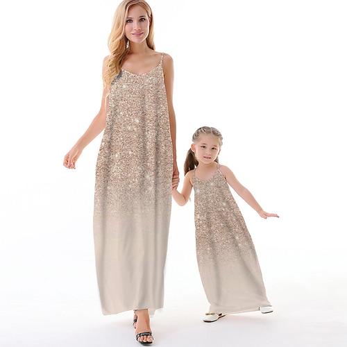 

Mommy and Me Dresses Gradient Causal Backless Gold Sleeveless Maxi Strap Dress Active Matching Outfits