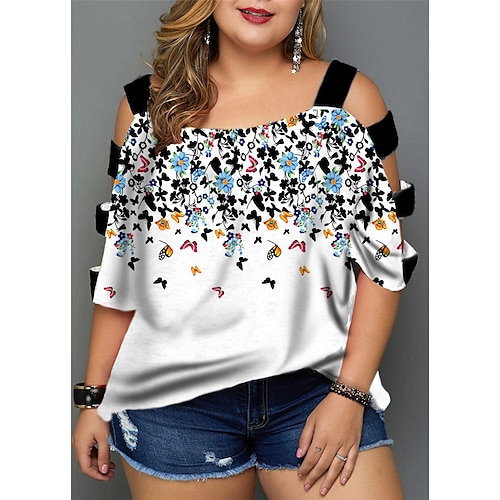 

Women's Plus Size Tops Blouse Shirt Floral Butterfly Cut Out Print Half Sleeve V Neck Streetwear Daily Going out Polyester Spring Summer White Black