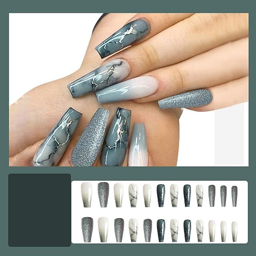 

Detachable Extra Long Ballet Nails Ultra-thin Marbled Gradient Glitter Fake Nail Patches