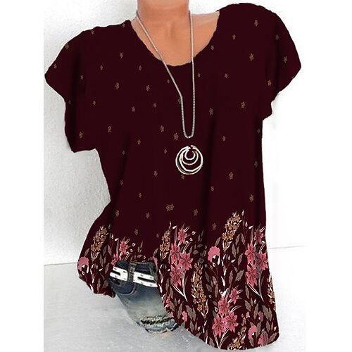 

Women's Plus Size Tops T shirt Tee Floral Print Short Sleeve Crewneck Streetwear Daily Sports Cotton Spandex Jersey Spring Summer Wine