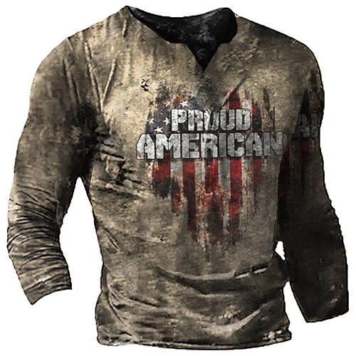 

Men's T shirt Tee 3D Print Graphic Patterned National Flag V Neck Street Casual Print Long Sleeve Tops Designer Fashion Classic Comfortable Khaki / Summer