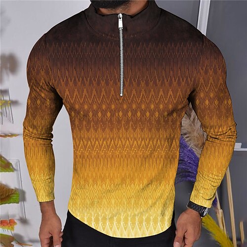 

Men's Collar Polo Shirt Golf Shirt Geometry Stand Collar Yellow 3D Print Outdoor Street Long Sleeve Zipper Print Clothing Apparel Fashion Designer Casual Breathable