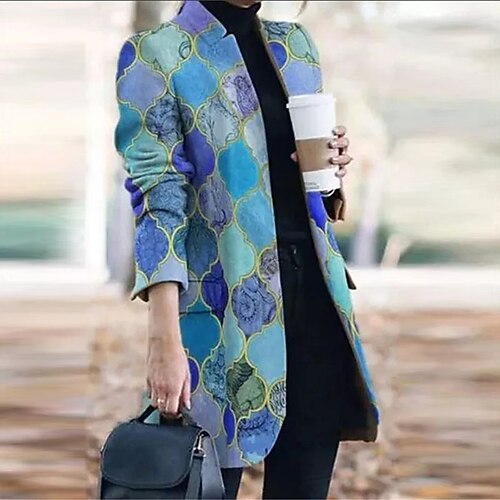 

Women's Blazer Stylish Streetwear Pocket Street Going out Work Coat Polyester Long Blue Purple Fall Winter Open Front Stand Collar Regular Fit S M L XL XXL 3XL