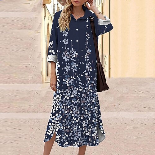 

Women's Shift Dress Midi Dress Green Navy Blue 3/4 Length Sleeve Floral Button Print Fall Spring Shirt Collar Casual Fashion 2022 S M L XL XXL 3XL