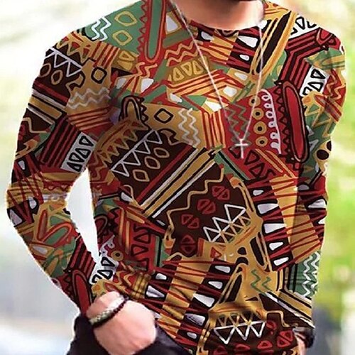 

Men's Unisex T shirt Tee 3D Print Graphic Prints Geometry Crew Neck Daily Holiday Print Long Sleeve Tops Casual Big and Tall Brown
