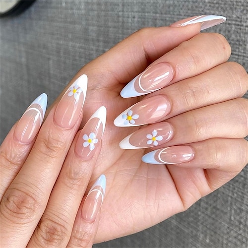 

24pcs Wearing a Fresh Flower Cute White Finished Summer New Product Nail One Second Wearable Nail Sticker