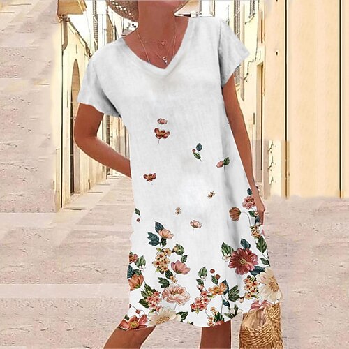 

Women's Shift Dress Knee Length Dress White Short Sleeve Floral Print Spring Summer V Neck Casual Vacation 2022 S M L XL XXL 3XL