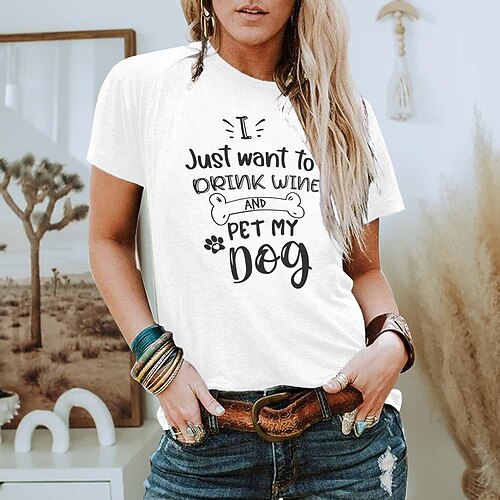 

Women's T shirt Tee Text Casual Weekend Animal Painting T shirt Tee Short Sleeve Print Round Neck Basic Essential Green White Black S