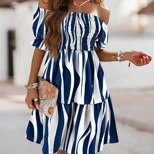 

Women's A Line Dress Short Mini Dress Royal Blue Short Sleeve Floral Striped Color Gradient Backless Ruched Cold Shoulder Spring Summer Off Shoulder Casual 2022 S M L XL XXL