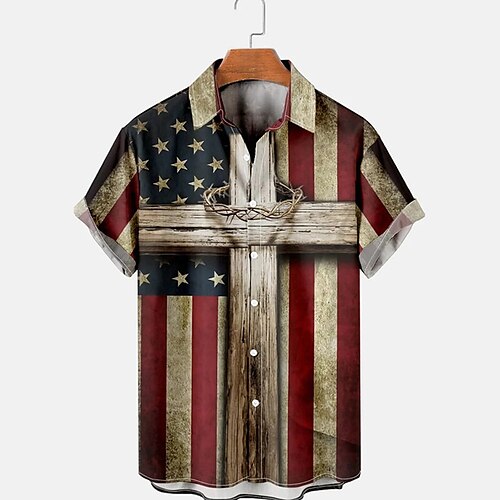 

Men's Shirt Graphic Shirt Cross National Flag Turndown Blue 3D Print Street Daily Short Sleeve Button-Down Print Clothing Apparel Fashion Designer Casual Breathable / Beach