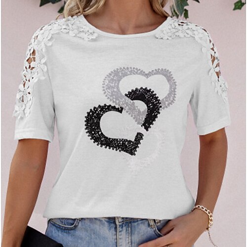 

Women's T shirt Tee Black White Pink Heart Lace Cut Out Short Sleeve Casual Weekend Basic Round Neck Regular Painting Couple S