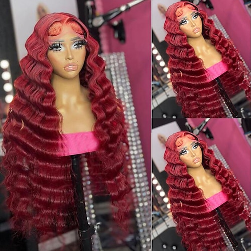 

Remy Human Hair 13x4 Lace Front Wig Free Part Brazilian Hair Deep Wave Red Wig 130% 150% 180% Density with Baby Hair Highlighted / Balayage Hair Glueless Pre-Plucked For wigs for black women Long