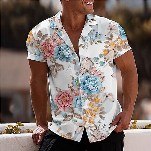 

Men's Shirt Graphic Shirt Floral Turndown White 3D Print Outdoor Street Short Sleeve Button-Down Print Clothing Apparel Fashion Designer Casual Breathable / Summer / Spring / Summer