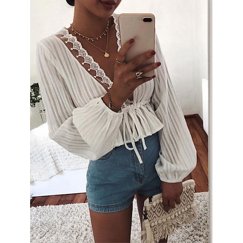 

Women's Blouse Shirt White Plain Lace up Lace Trims Long Sleeve Daily Weekend Streetwear Casual V Neck Regular S