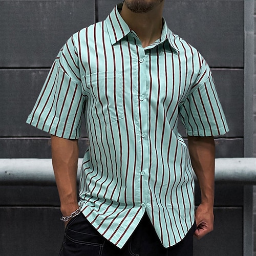

Men's Shirt Striped Turndown Street Daily Button-Down Short Sleeve Tops Casual Fashion Comfortable Green / White