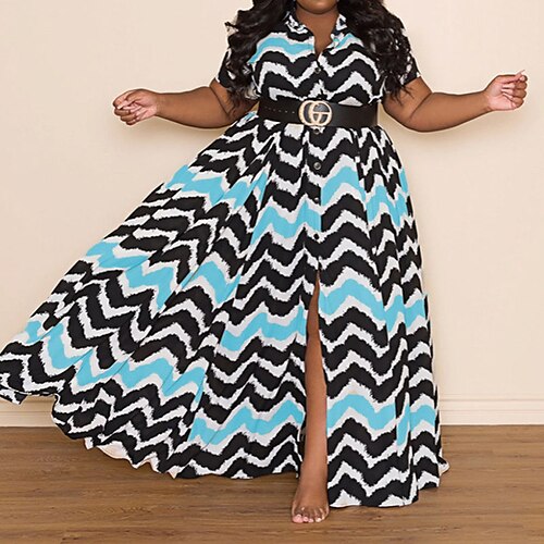 

Women's Plus Size Holiday Dress Striped V Neck Print Short Sleeve Spring Summer Casual Maxi long Dress Daily Holiday Dress