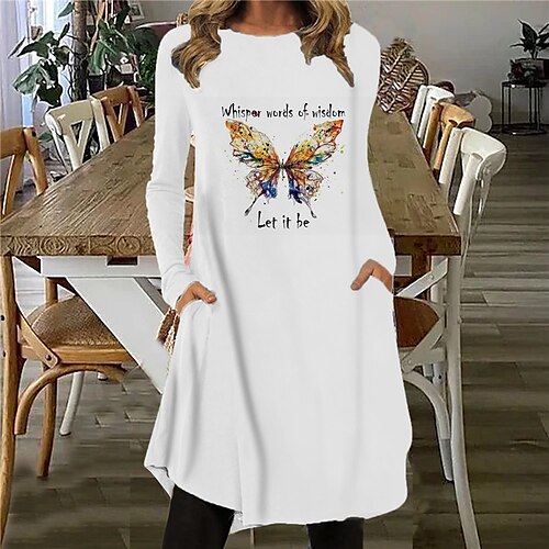 

Women's Shift Dress Knee Length Dress White Long Sleeve Butterfly Letter Animal Pocket Print Fall Spring Crew Neck Casual Vacation 2022 S M L XL XXL 3XL