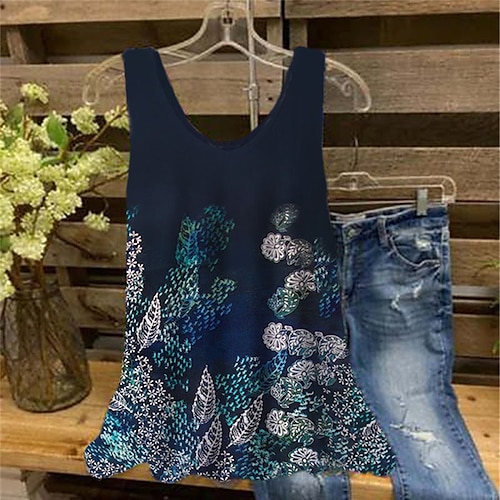 

Women's Plus Size Curve Tops Tank Top Floral Print Sleeveless V Neck Streetwear Daily Holiday Cotton Spandex Jersey Spring Summer Black Blue