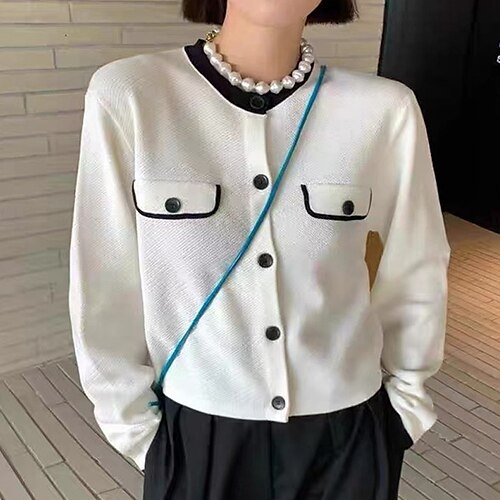 

Women's Cardigan Sweater Jumper Ribbed Knit Cropped Knitted Button Pure Color Crew Neck Stylish Casual Daily Holiday Fall Winter White Pink One-Size / Long Sleeve / Regular Fit / Going out