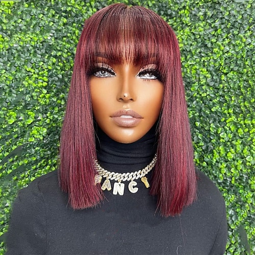 

Burgundy Human Hair Wig Straight Bob With Bangs Silky Natural Hairline For Black Women Capless Malaysian Hair Women's All Dark Wine 14 inch