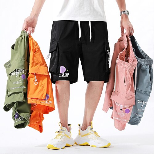 

Men's Fashion Casual / Sporty Chinos Shorts Multiple Pockets Elastic Drawstring Design Print Knee Length Pants Casual Beach Micro-elastic Solid Colored Letter Comfort Breathable Mid Waist Black Pink