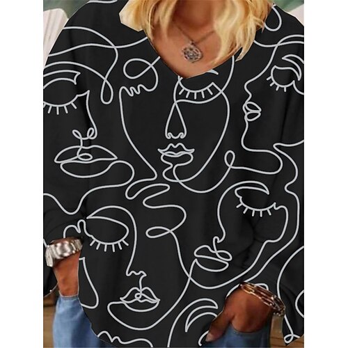 

Women's Plus Size Tops T shirt Tee Abstract Print Long Sleeve V Neck Streetwear Daily Vacation Cotton Spandex Jersey Fall Winter Black