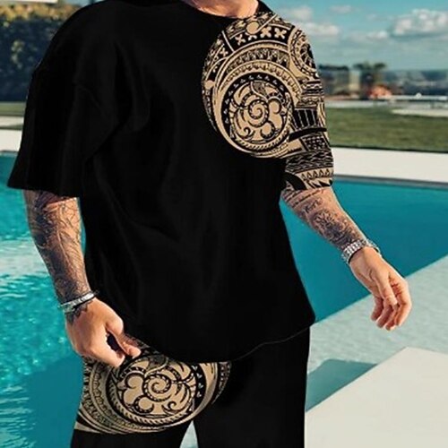 

Men's T-shirt Suits Tennis Shirt Graphic Tribal Crew Neck Green Blue Purple Khaki Black 3D Print Street Daily Short Sleeve Print Clothing Apparel 2pcs Basic Fashion Lightweight Casual / Summer