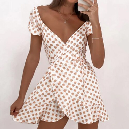 

Women's A Line Dress Short Mini Dress Beige Short Sleeve Floral Backless Ruffle Cold Shoulder Spring Summer Deep V Stylish Vacation 2022 S M L XL
